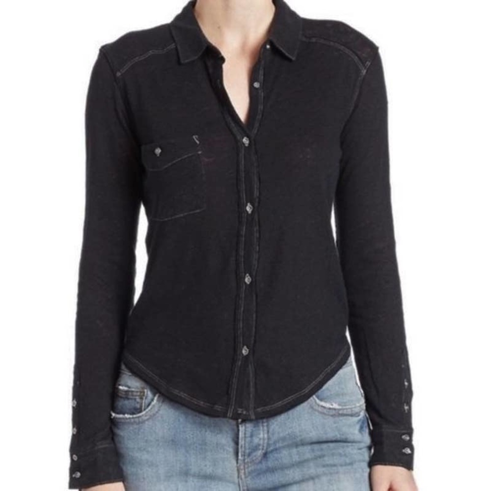 Free People Caroline Black Button Front Top - S